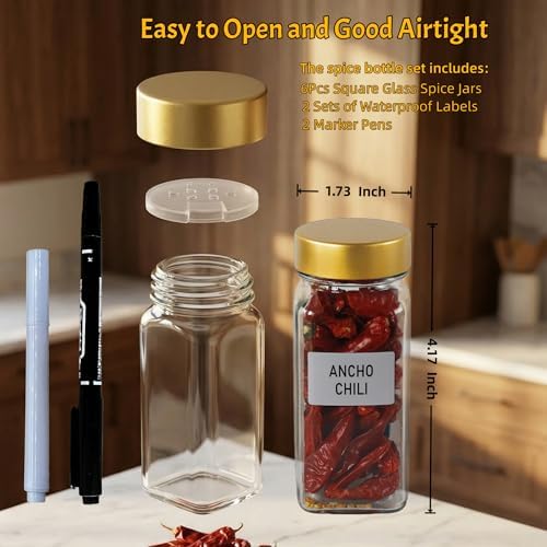 6 Pack Spice Jars with Labels - 4oz Square Glass Seasoning Containers