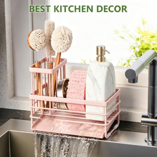 Cisily Pink Sink Caddy Sponge Holder for Kitchen with Brush Holder and