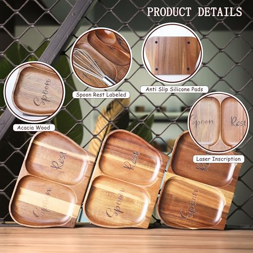 Large Acacia Wood Spoon Rest, Double Wooden Spoon Holder With Non Slip