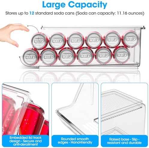 4 Pack Soda Can Organizer, Clear Refrigerator Organizer with Lids