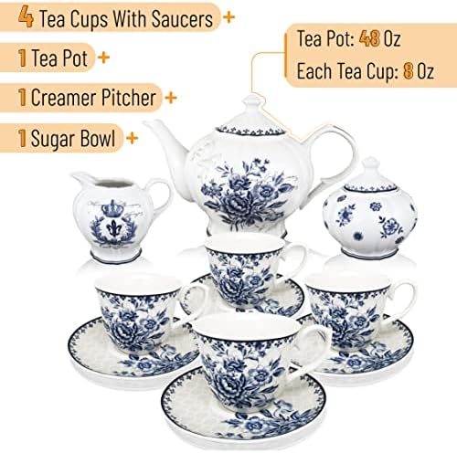 Brew To A Tea Blue Dream Tea Set, 48oz Teapot, 8oz Tea Cups, Saucers