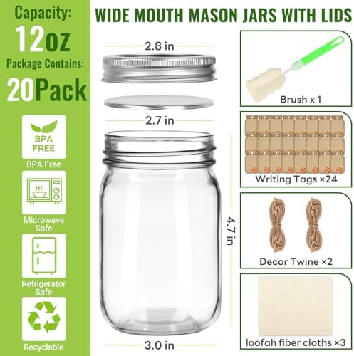 12 oz Mason Jars with Lids, 20 Pack