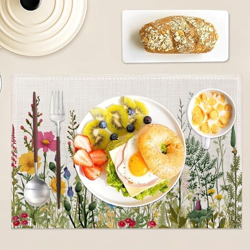 Set of 6 Washable Herbs and Wild Flowers Placemats Non-Slip