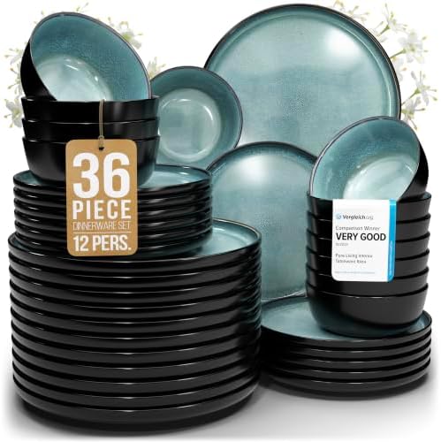 36 Piece Stoneware Dinnerware Set for 12, Handcrafted Plates and Bowls Set
