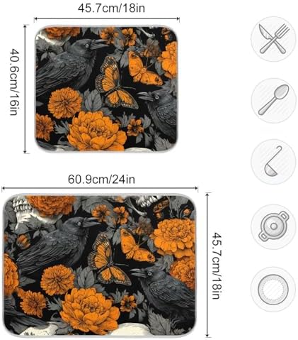 OTVEE Dark Floral Skull Dish Drying Mat for Kitchen Counter Absorbent