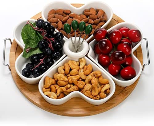 ZEAYEA 11 Inch Appetizer Serving Tray with Holder, Ceramic Divided Serving Platter with Food Picks for Christmas, Relish Tray for Chips and Dip, Veggies, Candy and Snacks, Parties, White