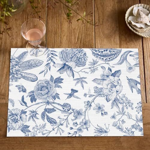 Artoid Mode Blue Floral Brids Spring Vinyl Placemats Set of 4