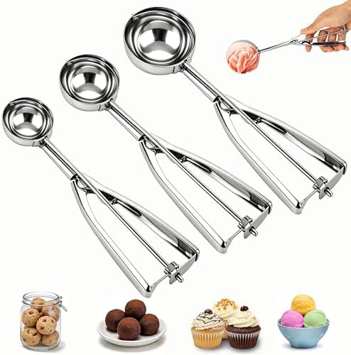 Ice Cream Scoop Set of 3, Stainless Steel Cookie Scooper for Baking