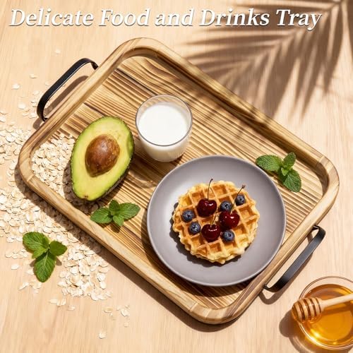 15 Inch Wood Serving Tray with Metal Handles, Sturdy Ottoman Tray