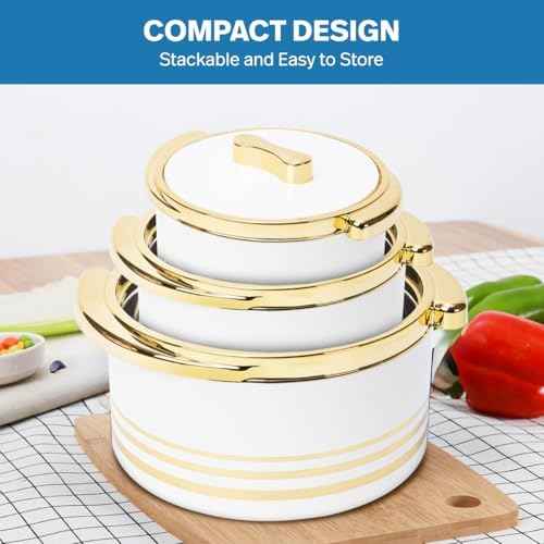 Pinnacle Insulated Casserole Dish with Lid 3 pc Set 3.7/2.6/1.5 qt. Hot Pot Food Warmer/Cooler –Thermal Soup/Salad Serving Bowl- Stainless Steel Hot Food Container–Best Gift Set for Moms –Holidays