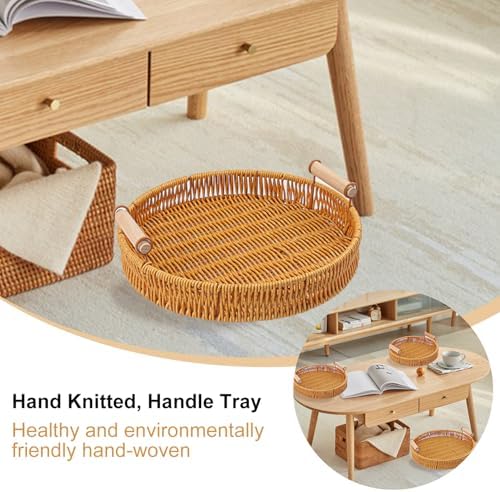 4 Pack 10.8 inch Round Rattan Tray, Round Woven Serving Basket with