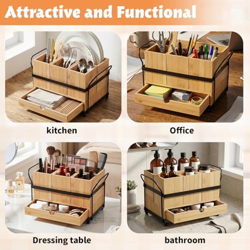 Qunclay Bamboo Silverware Caddy, 4 Compartments