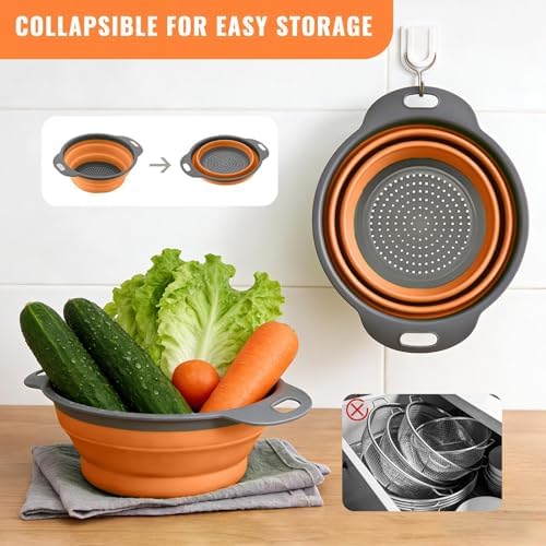 2-Pack Collapsible Silicone Colander with Handle, Orange