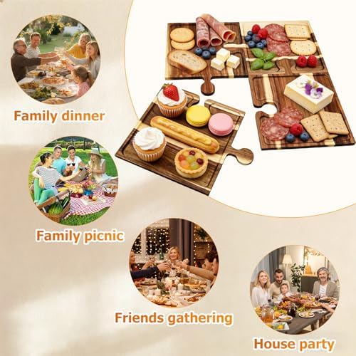Puzzle Piece Charcuterie Board Set, 4-Piece Interlocking Acacia Wood Cheese Board & Appetizer Tray with Handles, Reversible Serving Platter for Party, Wine Night, Gift with Storage Box