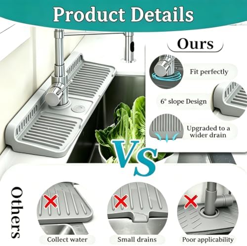 24" Gray Silicone Faucet Mat for Kitchen Sink Splash Guard, 6° Slope