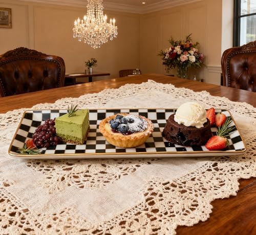 Porlien 14-inch Checker Black and White Rectangle Serving Platters Set