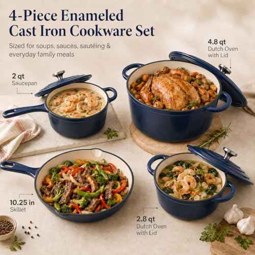 Hisencn Enameled Cast Iron Cookware Set,7 Piece Dutch Ovens Set,Navy