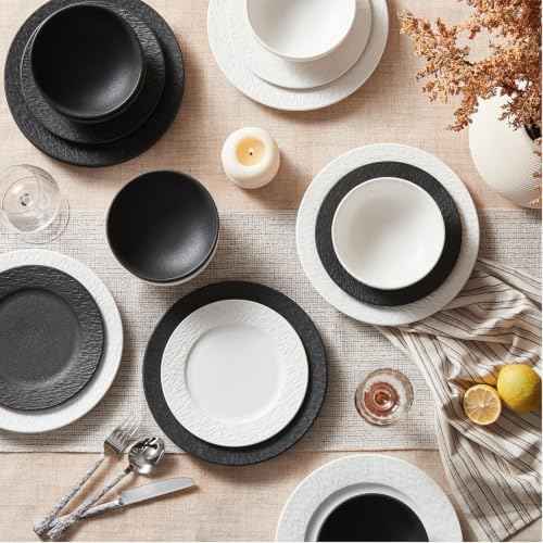 Black & white Dinnerware Sets for 4, 12-Piece plates and bowls sets