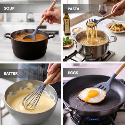OVENTE Silicone Cooking Utensils Set, 17-Piece, Grey
