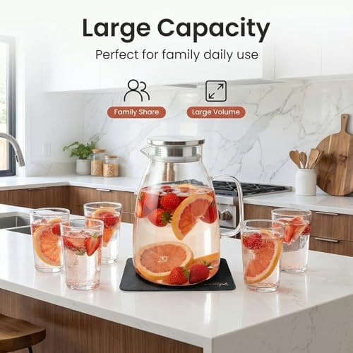 Glass Pitcher with Lid,1 Gallon Glass Water Pitcher, Iced Tea Pitcher