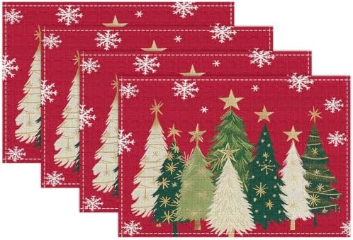 Bloss Christmas Placemats Set of 4, 12x18 Inch Xmas Trees Snowflakes