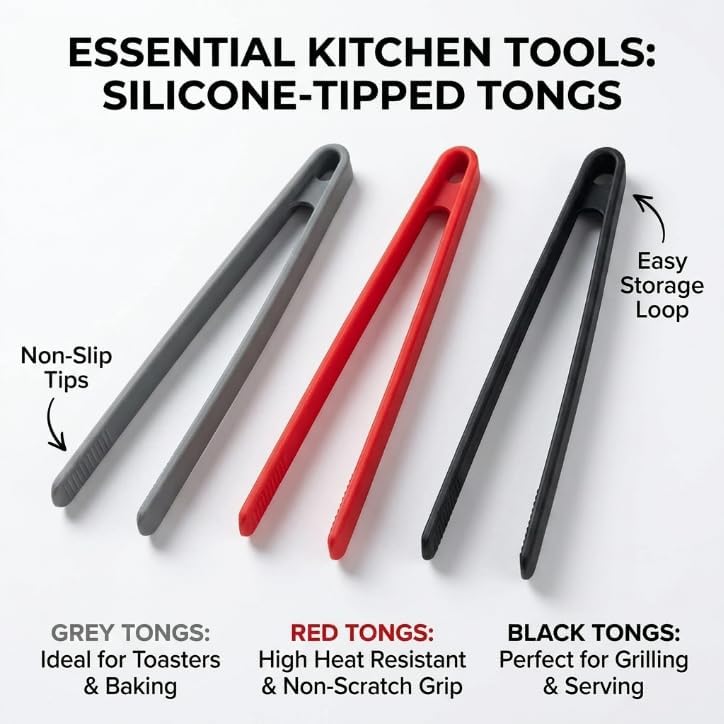 3PCS Silicone Cooking Tongs Set, 11.4 Inch, Black Grey Red
