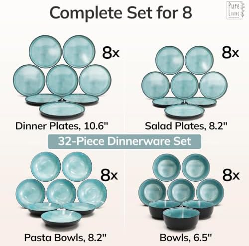 32 Piece Stoneware Dinnerware Set for 8, Handcrafted Plates and Bowls Set