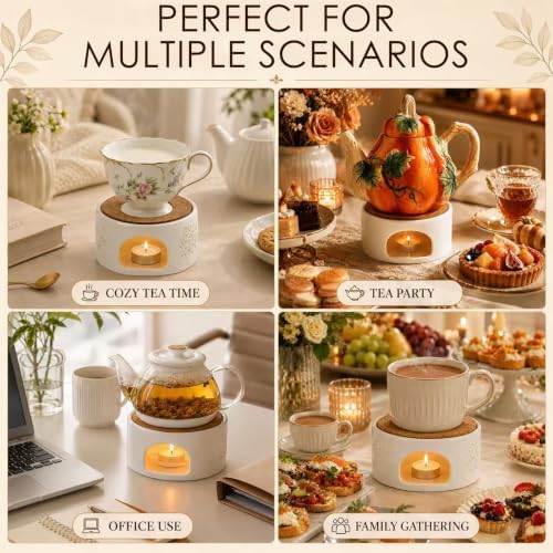 Ceramic Teapot Warmer with Cork Cushion, Tealight Heater for Tea &