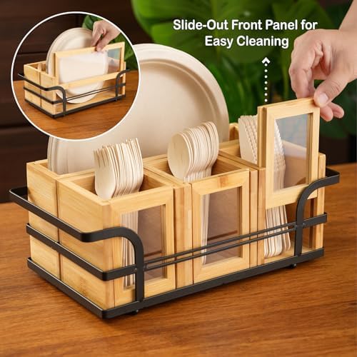 Bamboo Silverware Caddy with Paper Plate Holder