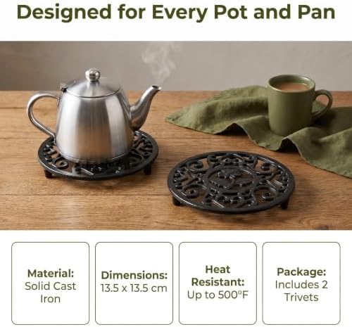 2 Piece Cast Iron Teapot Trivet Set, Anti Slip Heat Resistant Stand
