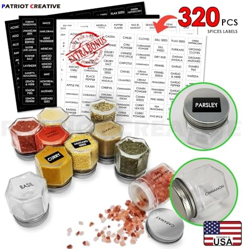 PATRIOT 25-Pack Hexagon Glass Spice Jars, Shaker Lids
