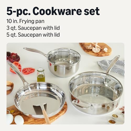 Amazon Basics Stainless Steel Cookware Set, 5-Piece, All Cooktop Friendly, Dishwasher-Safe, Induction Compatible