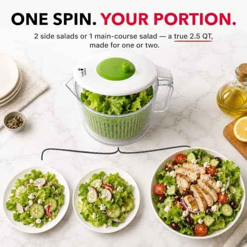 Cooler Kitchen Small Salad Spinner — Mini Lettuce Spinner and Dryer with Measuring Cup Bowl — Compact Veggie & Fruit Washer, Salad Dryer Spinner — Dishwasher Safe, BPA-Free