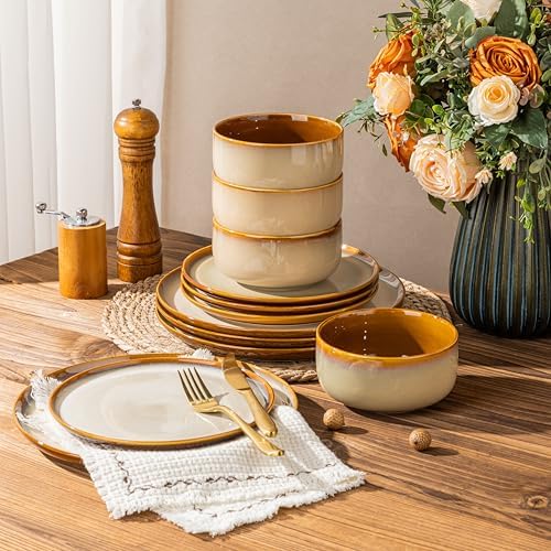 LeRatio Ceramic Dinnerware Sets for 4,12Pcs Porcelain Plates and Bowls