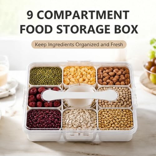 Divided Serving Tray with Lid and Handle, 9 Compartment Food Storage