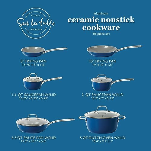 Sur La Table Kitchen Essentials 10 Piece PFA Free Titanium Ceramic Nonstick Interior Forged Aluminum Cookware Pots and Pans Set - Blue - Induction Compatible