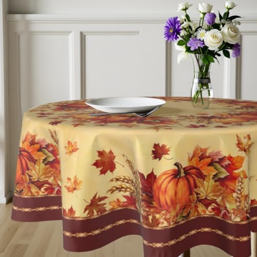 Sweetshow Fall Round Tablecloth 60 Inch, Autumn Thanksgiving Table