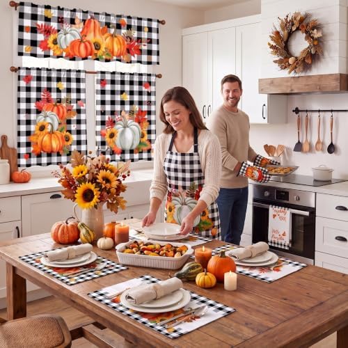Tiamon 17 Pcs Fall Kitchen Set, Buffalo Pumpkin, Curtains Apron Mitts