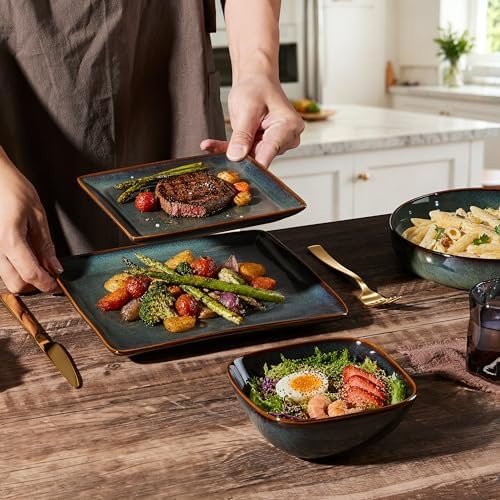 E-far 12-Piece Square Stoneware Dinnerware Sets for 4, Reactive Green