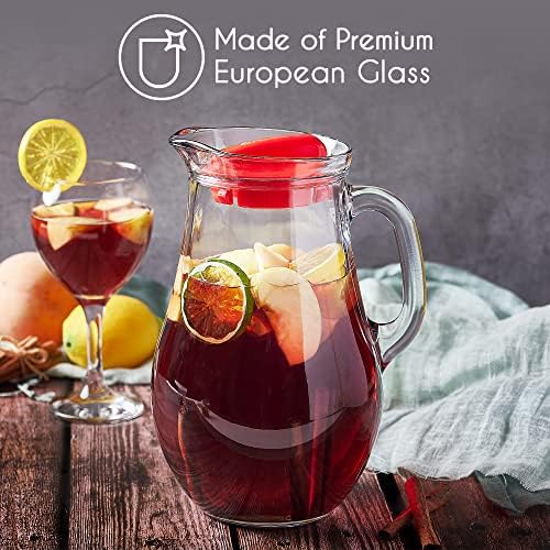 62 oz Glass Water Pitcher with Red Lid and Spout, Jug with Glass