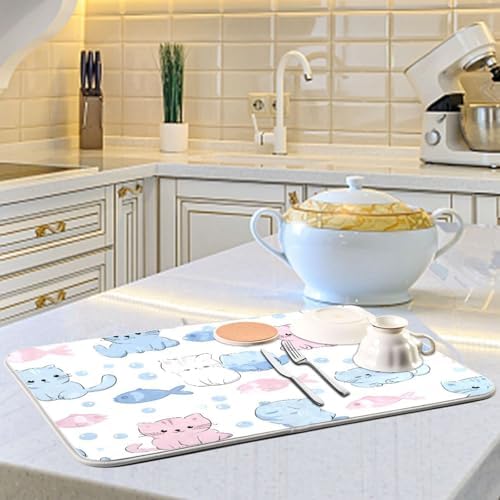 OTVEE Blue Kitty Art Dish Drying Mat for Kitchen Counter Absorbent