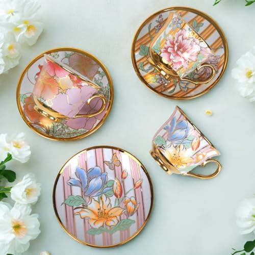 Tea Cups and Saucers Set of 6, 8 OZ Ceramic Tea Cups with Saucers