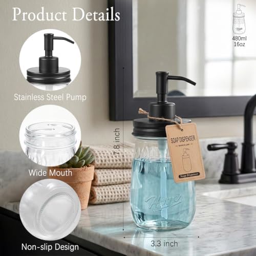 Amolliar 16 Oz Glass Mason Jar Soap Dispenser w/Metal Pump, Black
