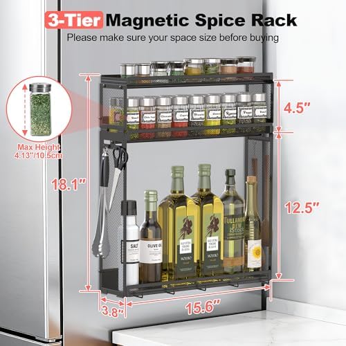 Docnest 3 Tier Magnetic Spice Organizer Shelf, 9 Hooks