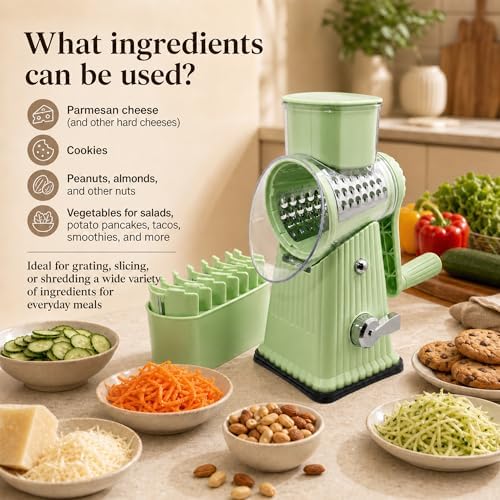 JA&MIU Rotary Cheese Grater with Handle, 5 Blades