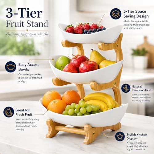 3-Tier Fruit Bowl Basket for Kitchen Countertop, Plastic Tiered Fruit