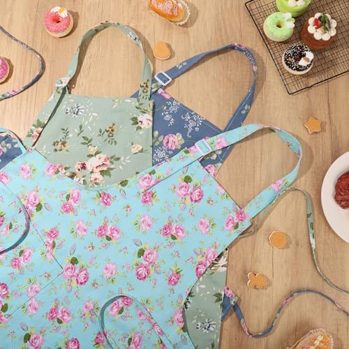Auidy_6TXD 3 Pack Floral Aprons for Women, Kitchen Aprons with 2