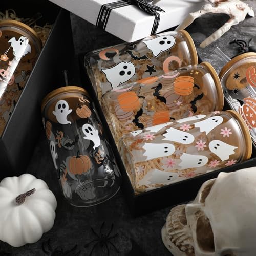 12 Pcs Halloween Ghost Glass Cups Bulk 16 oz Cute Pink Spooky Iced