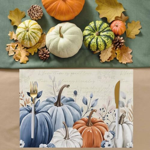 Fall Placemats Set of 4 Blue Pumpkin Place Mats Floral Leaves Autumn