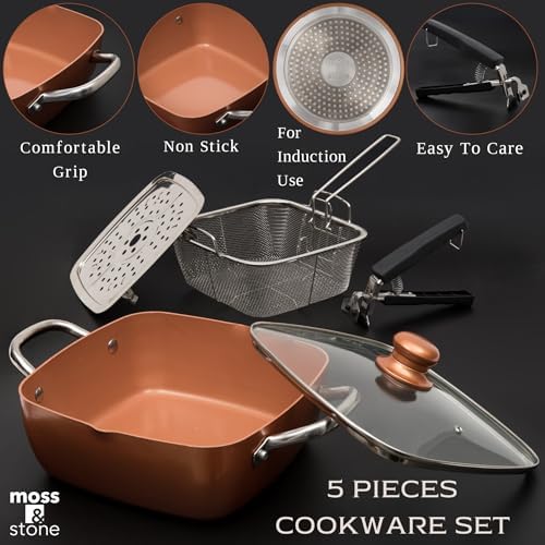 Moss & Stone 5 Pcs Deep Fry Pan Set with Fry Basket, 5 Qt Copper Pan